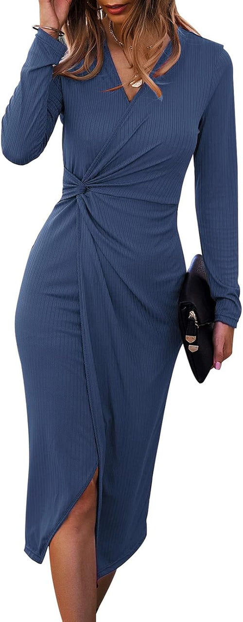 Women'S Long Sleeve Dress: Midi Casual V Neck Twist Waist Ribbed Knit Bodycon Slit Cocktail Party Dresses